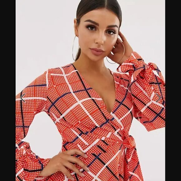 ASOS DESIGN Maxi Dress 0 Wrap Textured Check Sheer Slit Fall Photoshoot Party - Picture 6 of 12